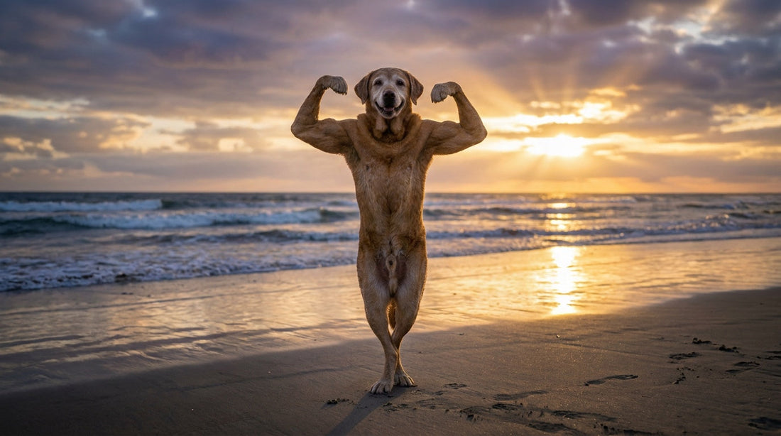 Older dog flexing its muscles on a beach at sunset