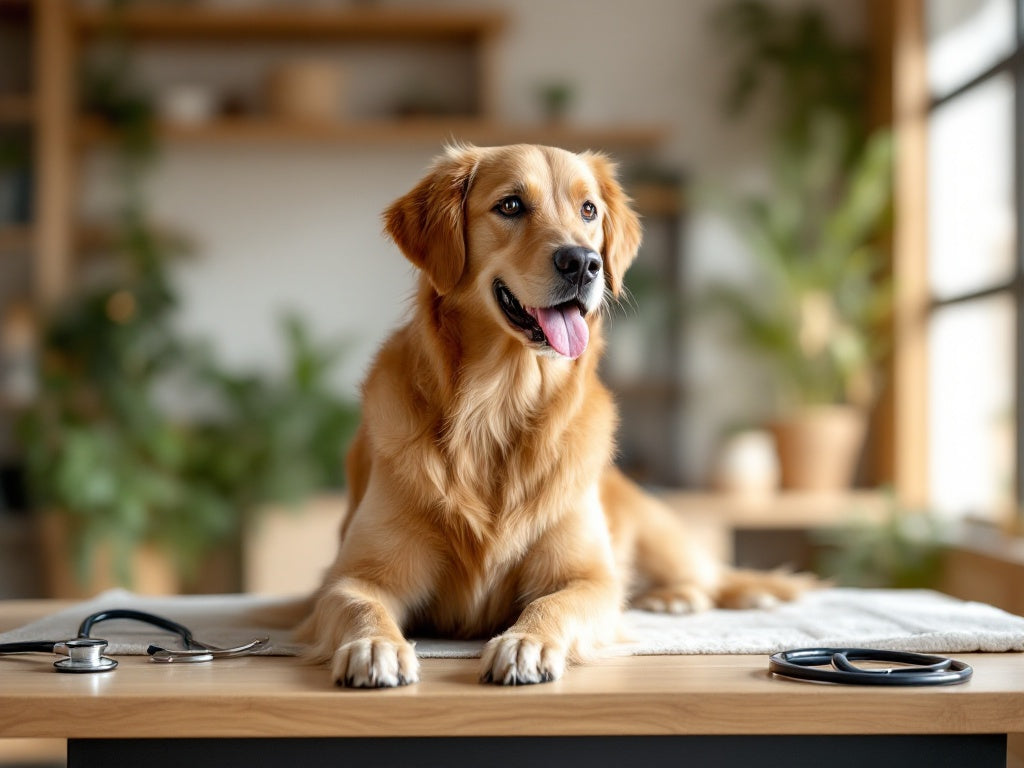 A dog sit on table